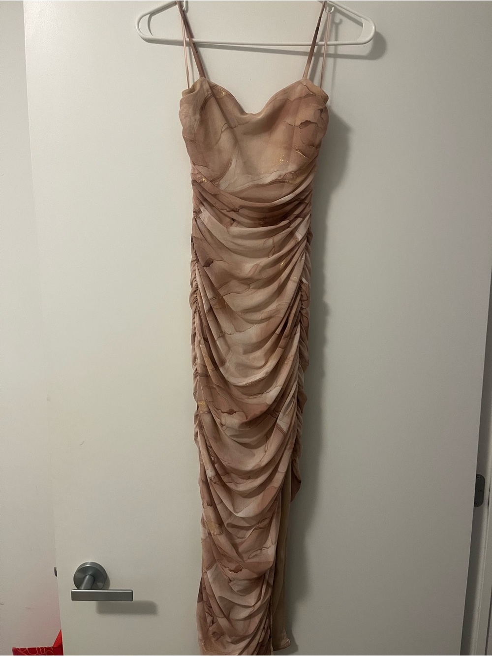 Honey Women's Ruched Spaghetti-Strap Maxi Dress in Blush/Cocoa with low leg slit